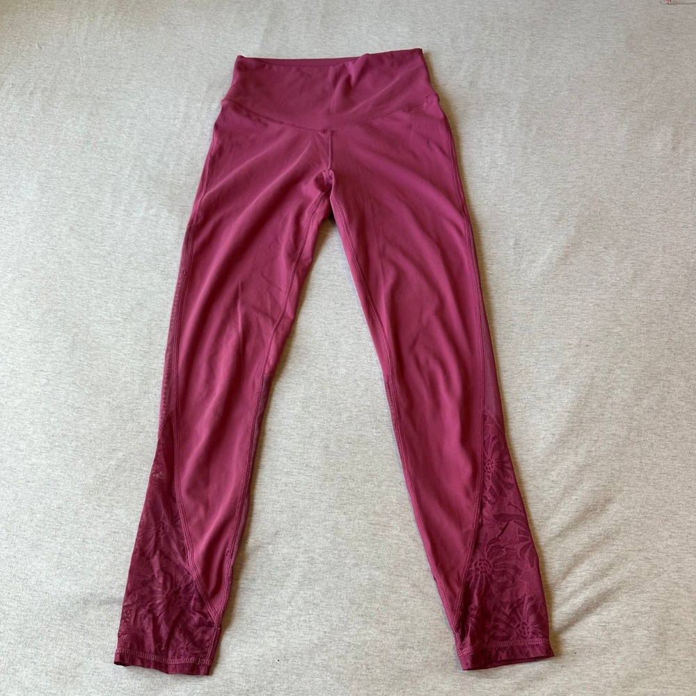 Fabletics Womens Berry Pink Floral Lace Mesh High Rise Leggings XS